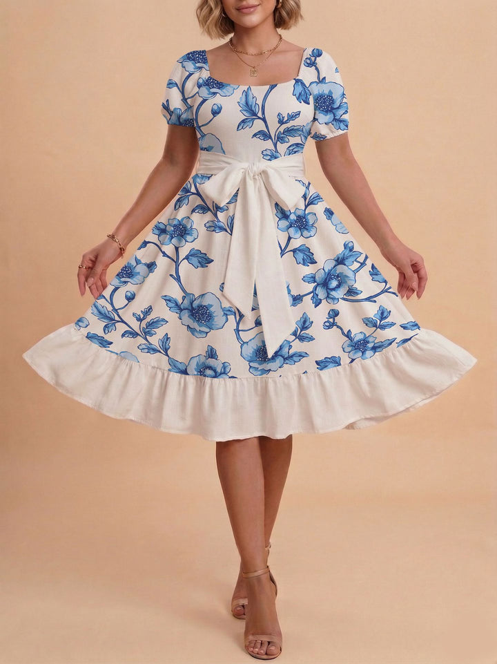 Damen Retro Maxikleid mit Puffärmeln und Taillengürtel Skjora