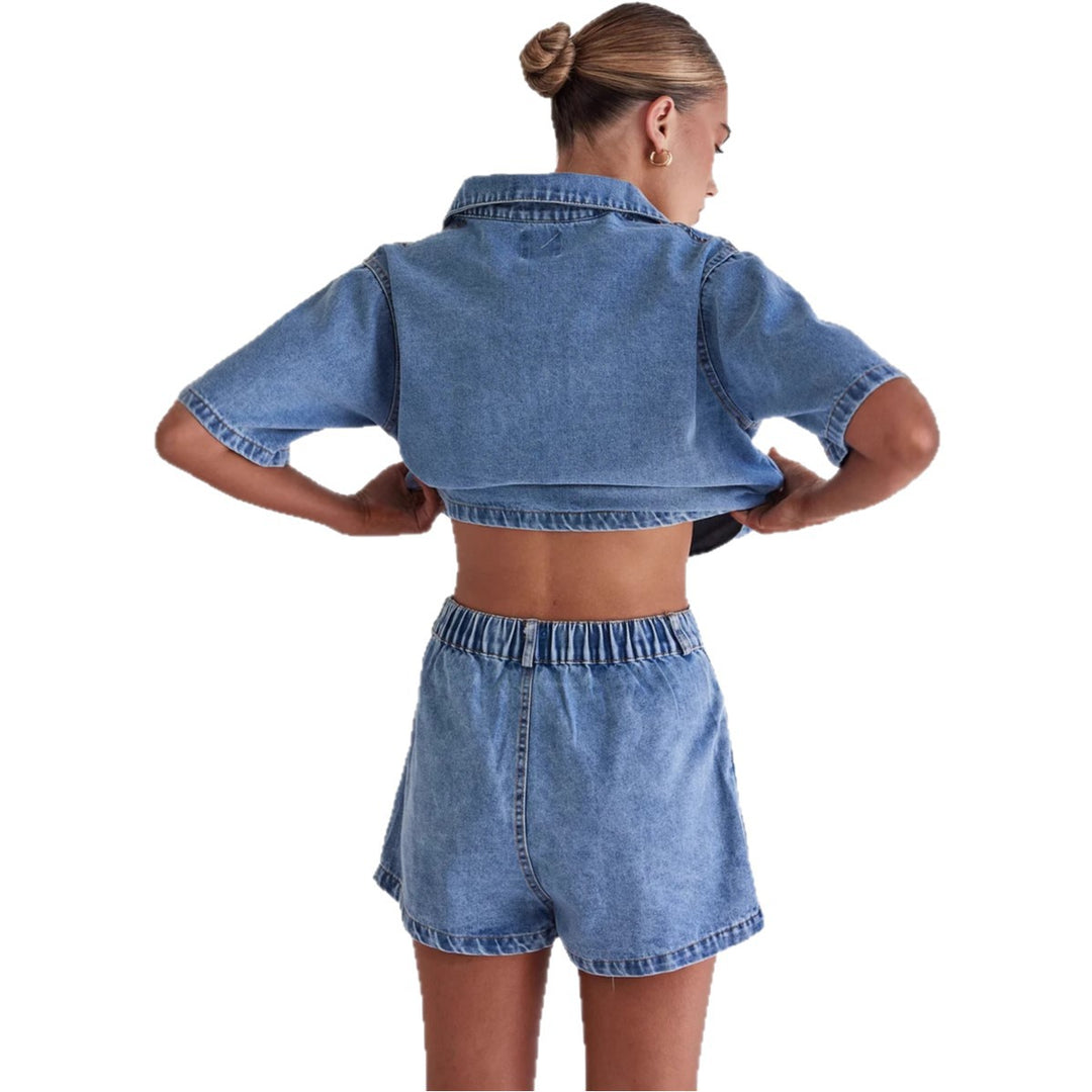 Damer denim-kort jakke med matchende skjørt i avslappet stil Skjora