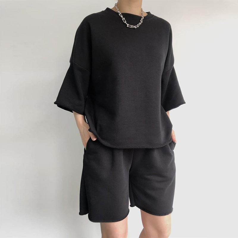Kvinne Casual Oversized Fritidssett med Kortermet Topp og Løse Shorts Skjora