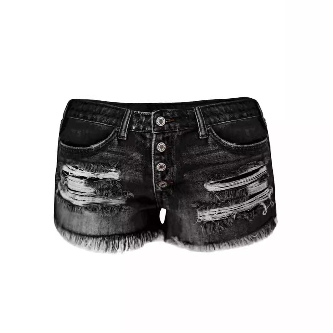 Dame casual ødelagte denimshorts med knappedetaljer og frynset kant Skjora
