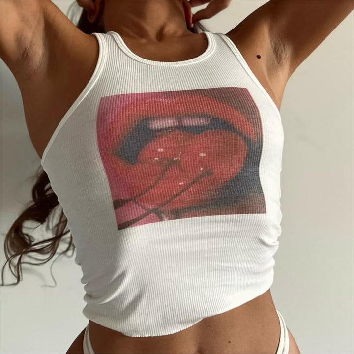 Dame tanktop med iøynefallende grafisk trykk Skjora