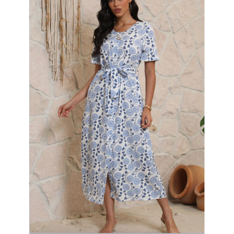 Women's Long-Sleeve Maxi Dress with Floral Design and Elegant Tie Belt Skjora