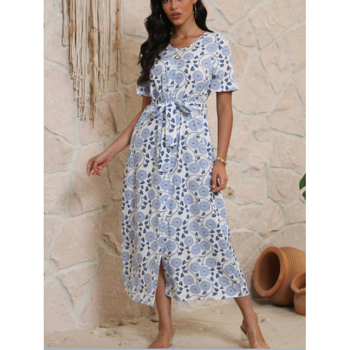 Women's Long-Sleeve Maxi Dress with Floral Design and Elegant Tie Belt Skjora