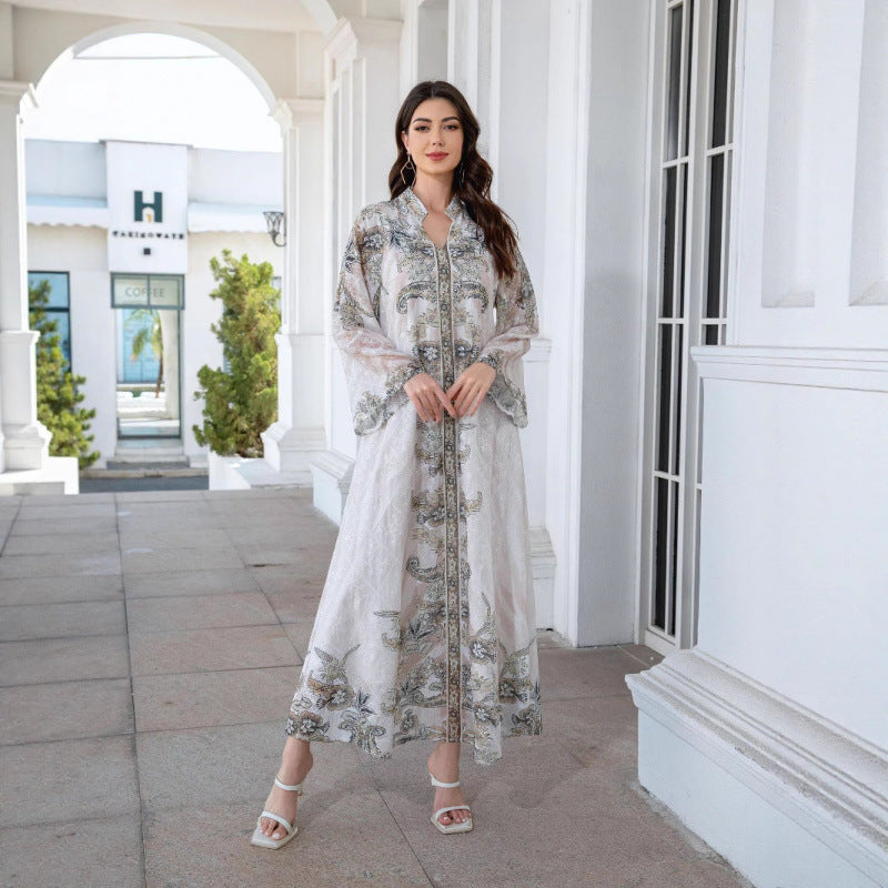 Damer Elegant Kaftan med blomstermønster og gjennomsiktige ermer Skjora