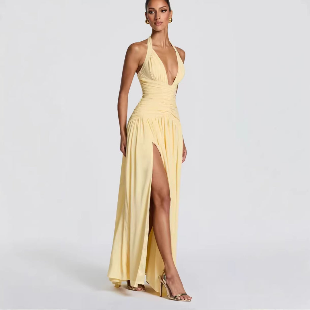 Dame Elegant Maxi Kjole med Innvikningsdesign og V-hals