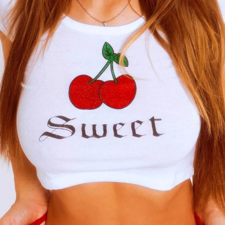Dame cropped T-skjorte med glitrende kirsebærdesign Skjora