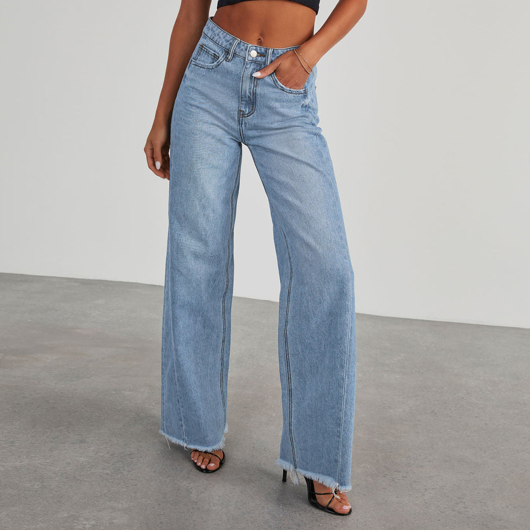 Damer Høyhåndet Mom Jeans i Klassisk Snitt med Frayed Hem Skjora