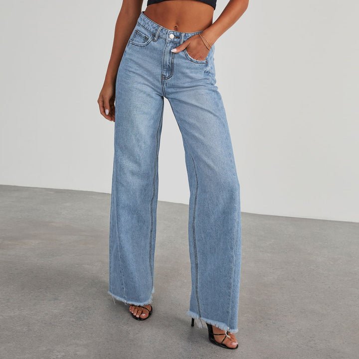 Damer Høyhåndet Mom Jeans i Klassisk Snitt med Frayed Hem Skjora