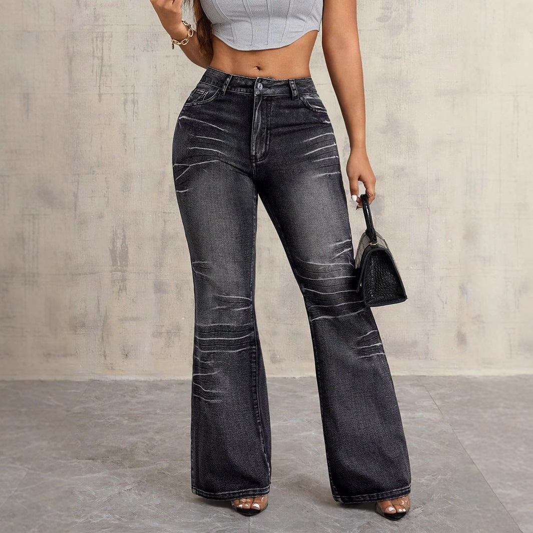 Kvinne Høy Midje Bootcut Jeans med Motebevisst Brukt-Look Skjora
