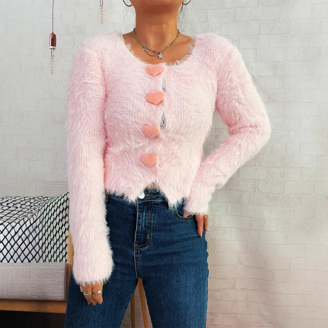 Damer fluffy cardigan med hjerteknapper Skjora