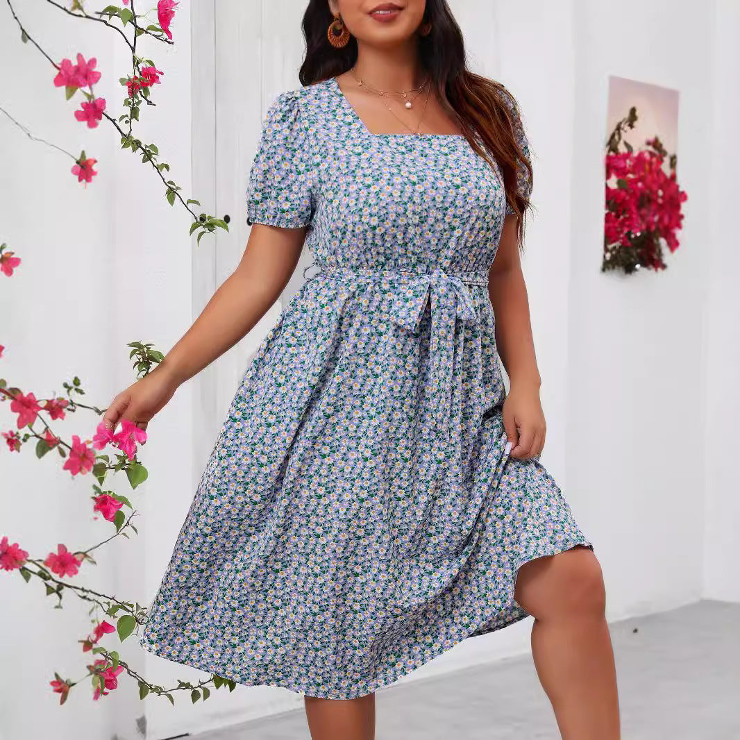 Dame Midi Kjole med blomsterallover-print og puffermar