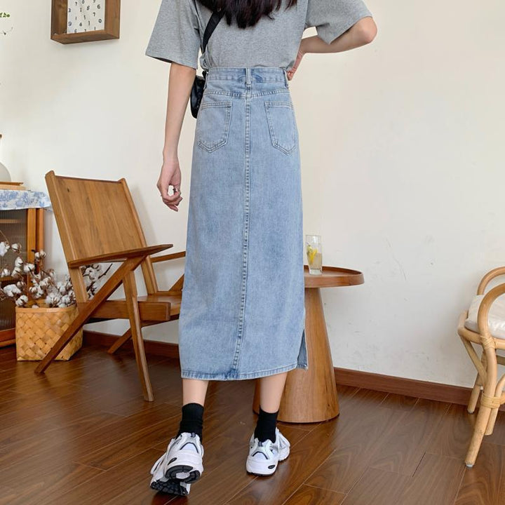 Dame Lang Denim Skjørt med Chic Splitt Skjora