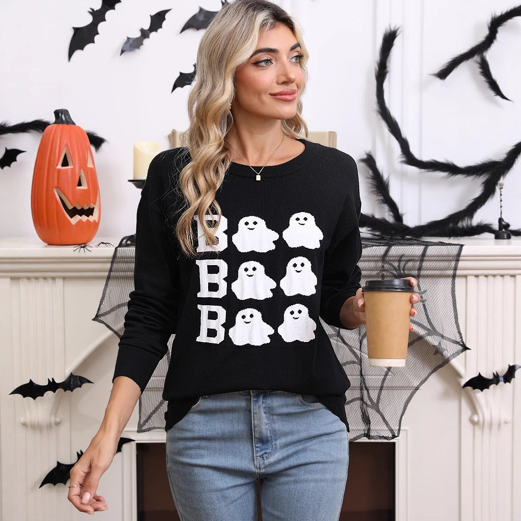 Kvinne Strikket Halloween Genser med Spøkelse Motiv og Løs Passform Skjora