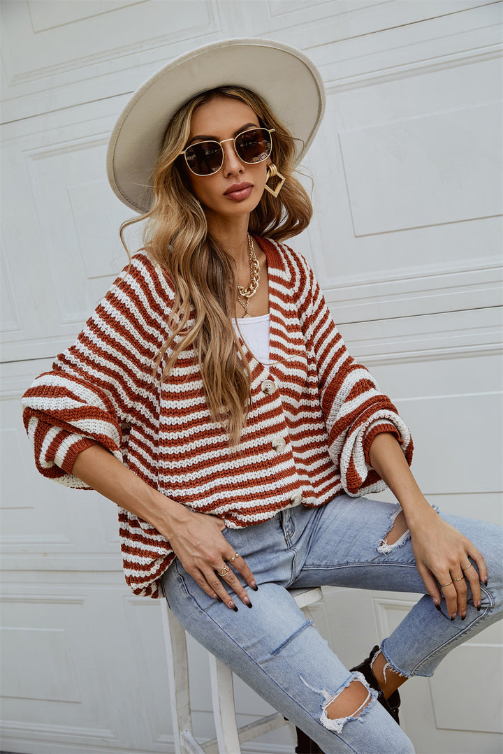 Dame casual cardigan med bred stripe mønster og knapp detalj Skjora