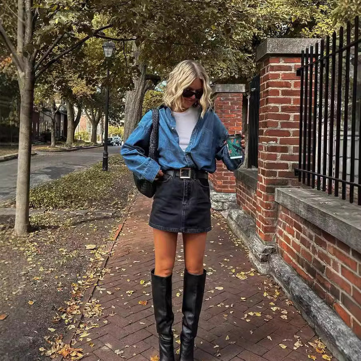 Dame Casual Denim Jakke i Klassisk Oversized Snitt Skjora