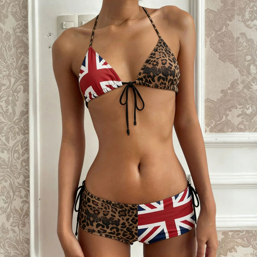 Dame bikiniset med leopardmønster og Union Jack akenter Skjora