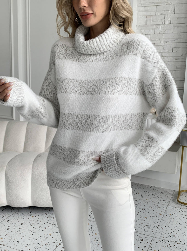 Dame Cozy Genser med Høy Krage og Stripet Design Skjora
