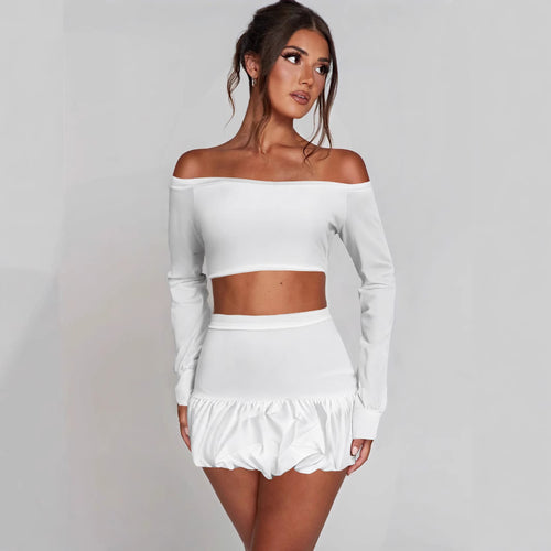 Dame Off-Shoulder Crop-Top og Fald Skjørt Sett Skjora