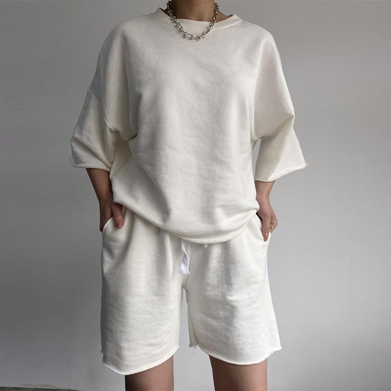 Kvinne Casual Oversized Fritidssett med Kortermet Topp og Løse Shorts Skjora