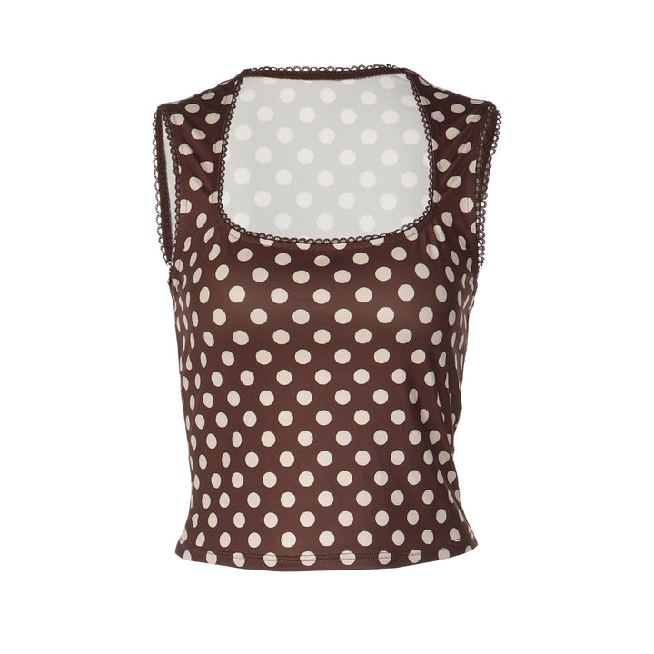 Dame Polka-Prikkede Cropped-Top med firkantet utdragning og elastisk linning Skjora