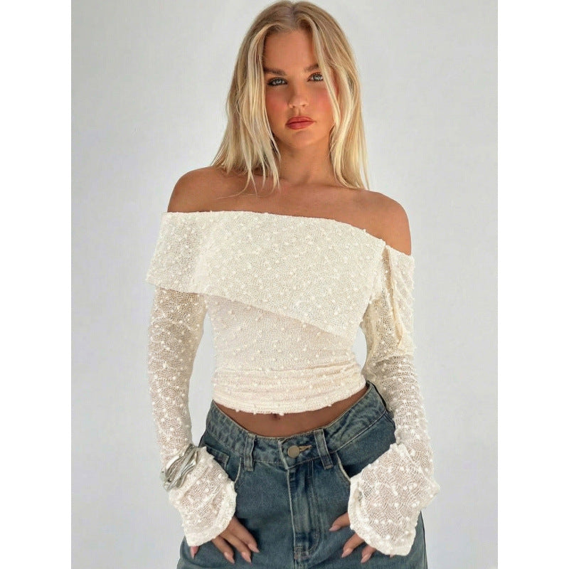 Dame Off-Shoulder topp med elegante volangdetaljer og lange ermer Skjora
