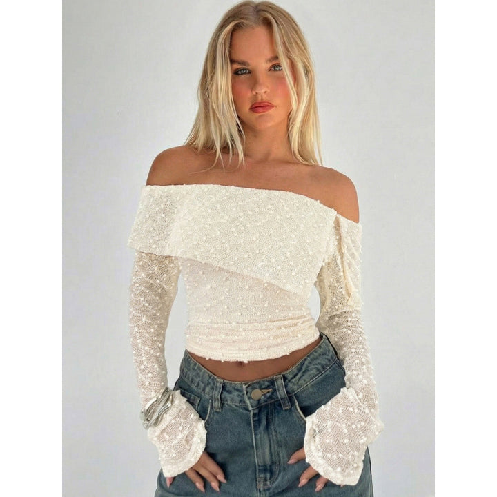 Dame Off-Shoulder topp med elegante volangdetaljer og lange ermer Skjora
