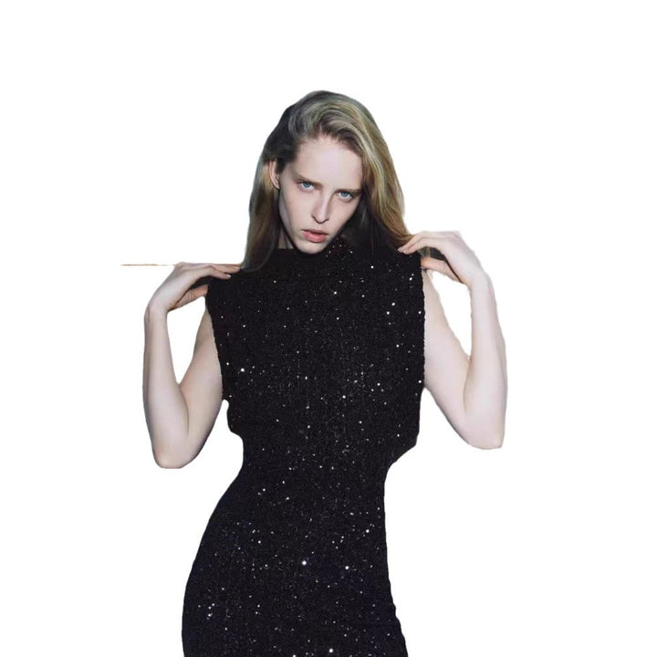 Women's Elegant Cocktail Dress with Shimmering Sequin Design and High Neck Collar