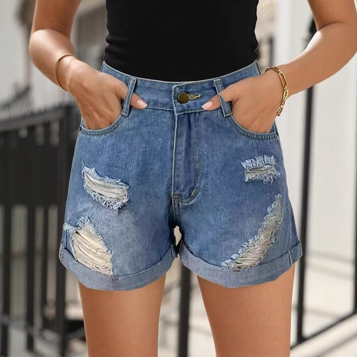 Dame Destroyed Denim-shorts med høy midje og stilige frynser-look Skjora