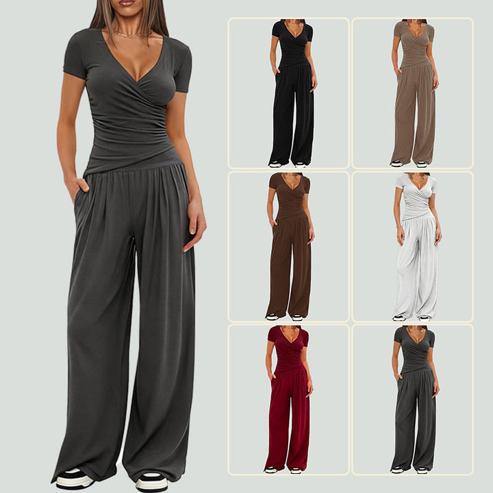 Dame avslappet jumpsuit med omslagsdesign og vid ben Skjora