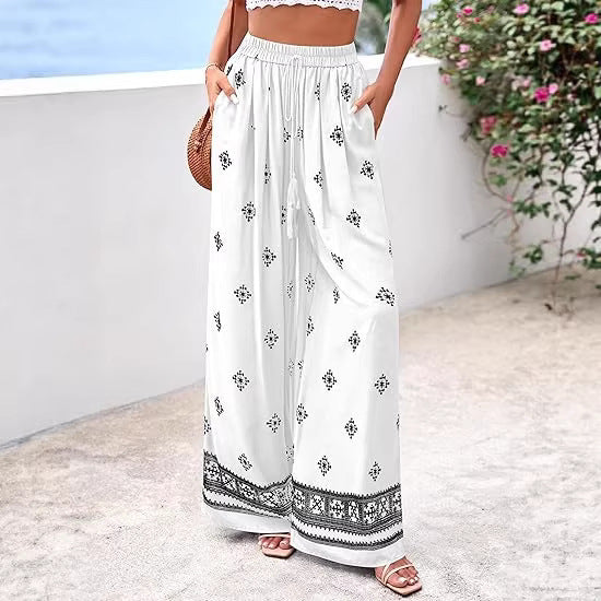 Dame bred sommerbukse med Boho-mønster Skjora