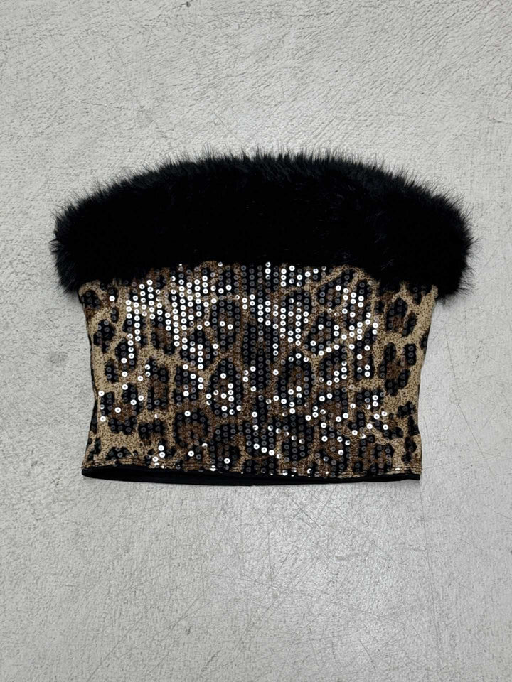 Dame glitrende leopardmønster overdel med kunstpelsdetalj Skjora