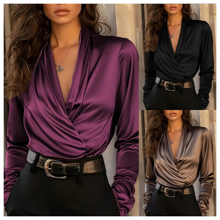 Dame elegant satengbluse med innpakningsdesign og dyp V-hals Skjora