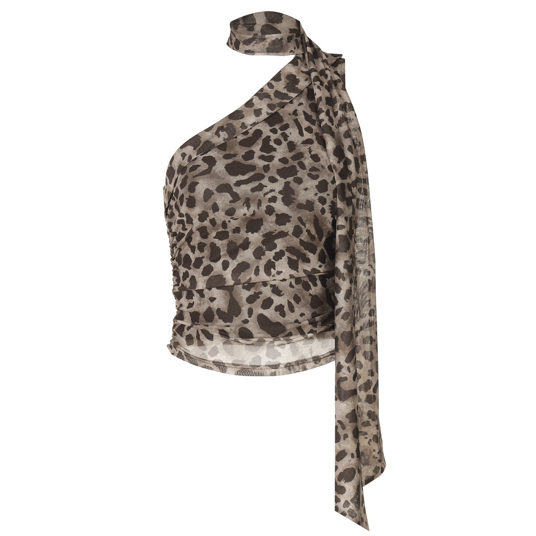 Dame topp med asymmetrisk snitt og stilfullt leopardmønster Skjora