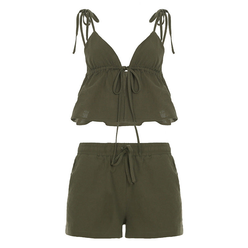 Dame elegant halter-top med fremragende rynkning og korte shorts Skjora