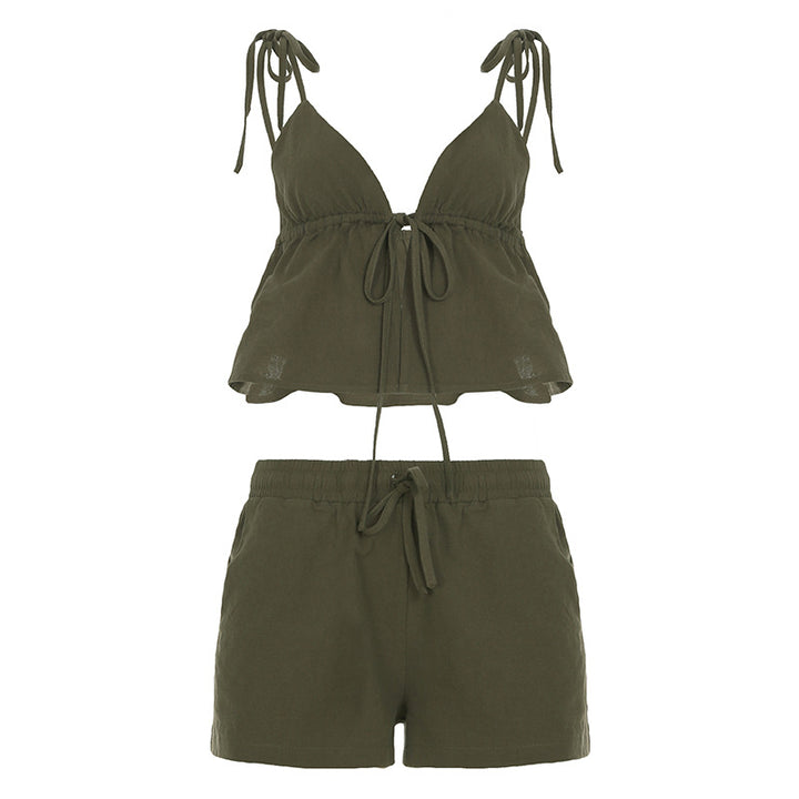 Dame elegant halter-top med fremragende rynkning og korte shorts Skjora