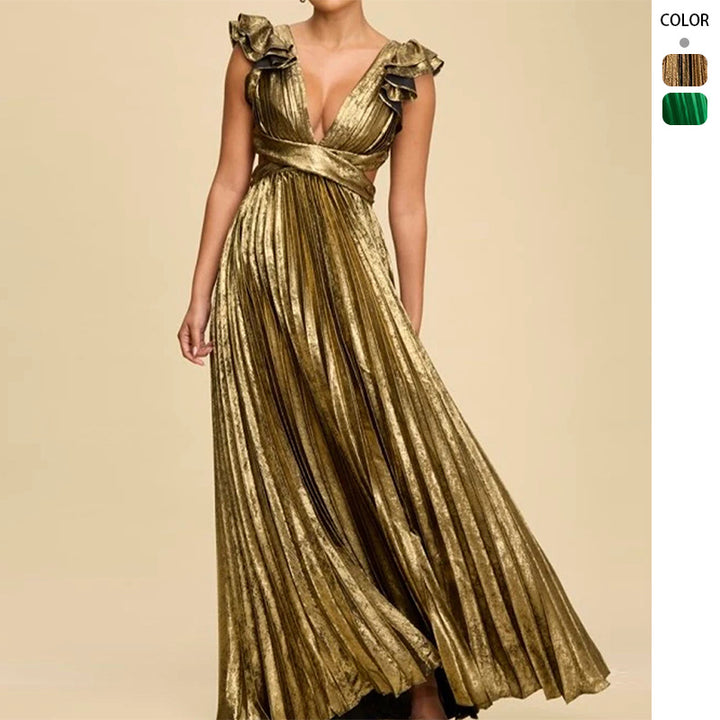 Damer Glamorous Plisserte Maxi Kjole med Dyp V-Hals og Puffermarmer Skjora