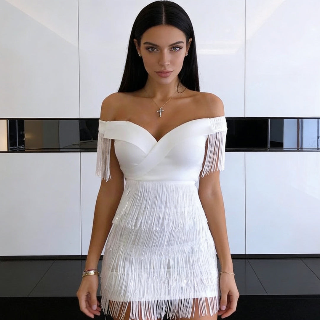 Dame Off-Shoulder Kjole med Frynser Skjora