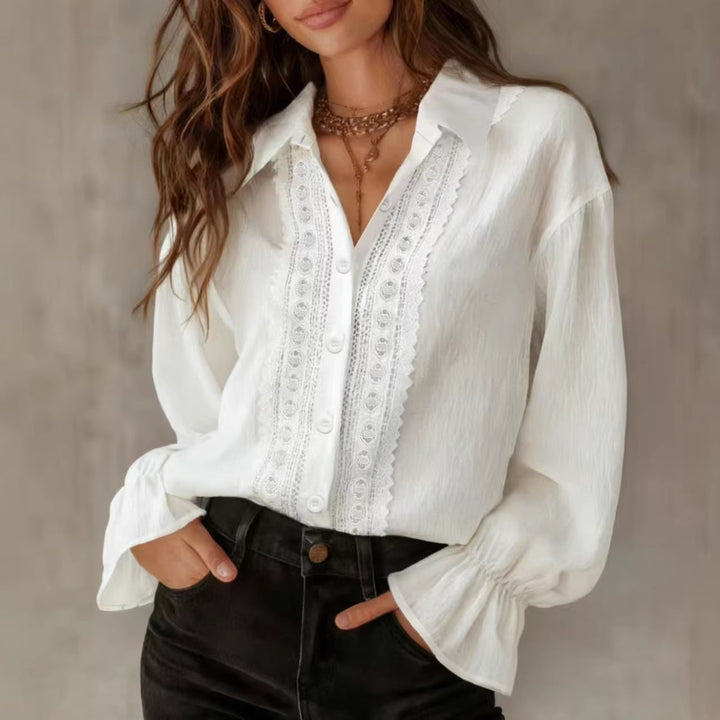 Damer elegant Bluse med spissdetaljer og ballongermer Skjora