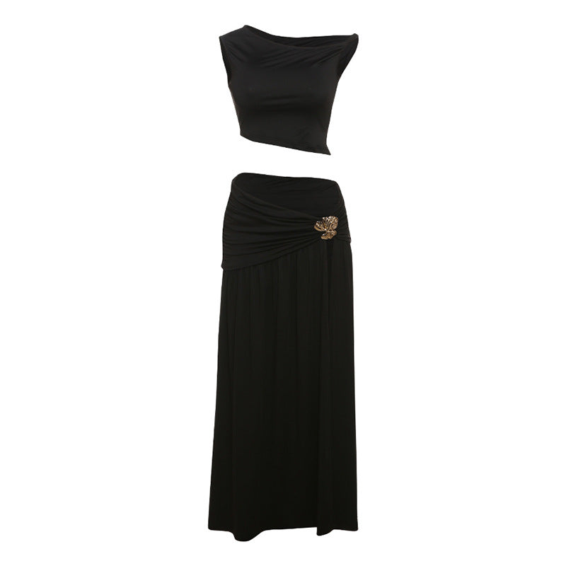 Dame Elegant Crop Top og Høyutskåret Maxi skjørt Sett Skjora