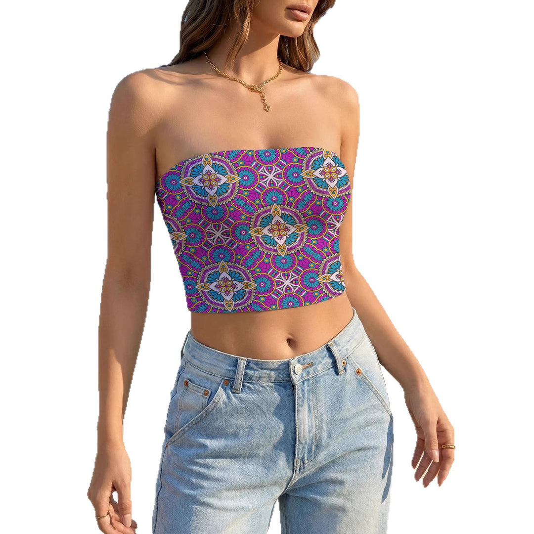Dame Bandeau-top med blomsterdesign og elastisk stoff Skjora