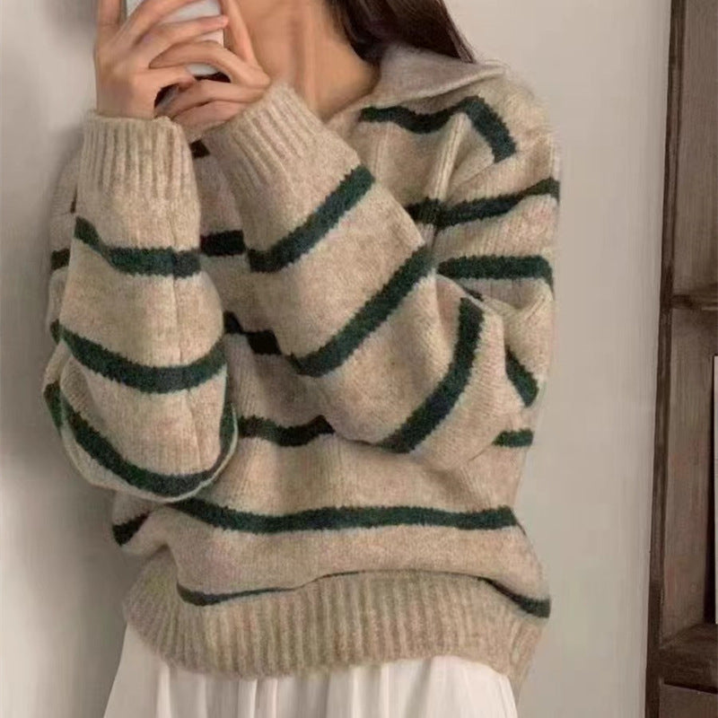 Kvinner Elegant Genser med Stripe Mønster og Krage Skjora