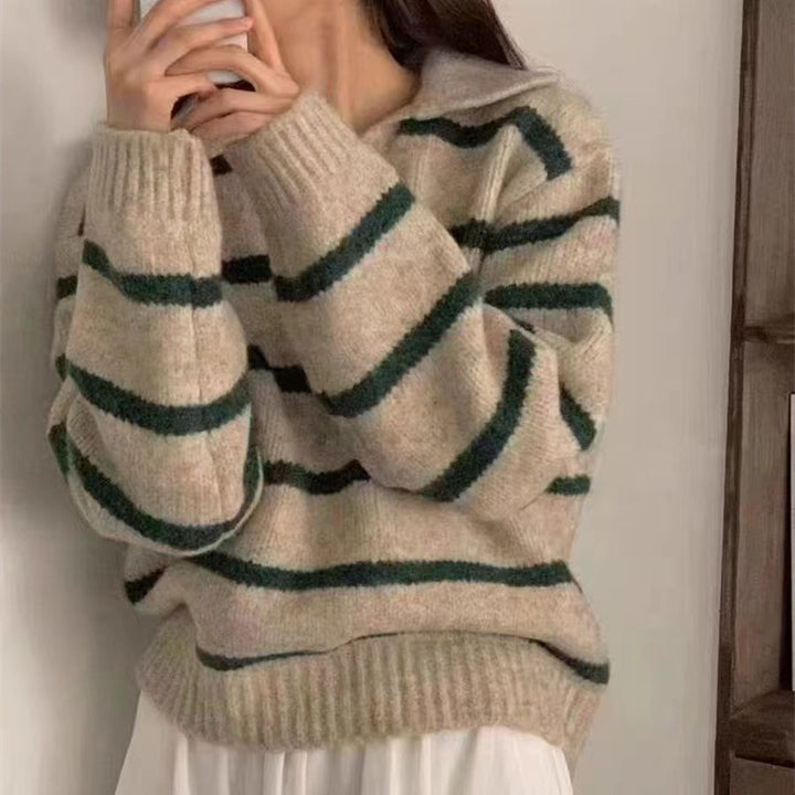 Kvinner Elegant Genser med Stripe Mønster og Krage Skjora