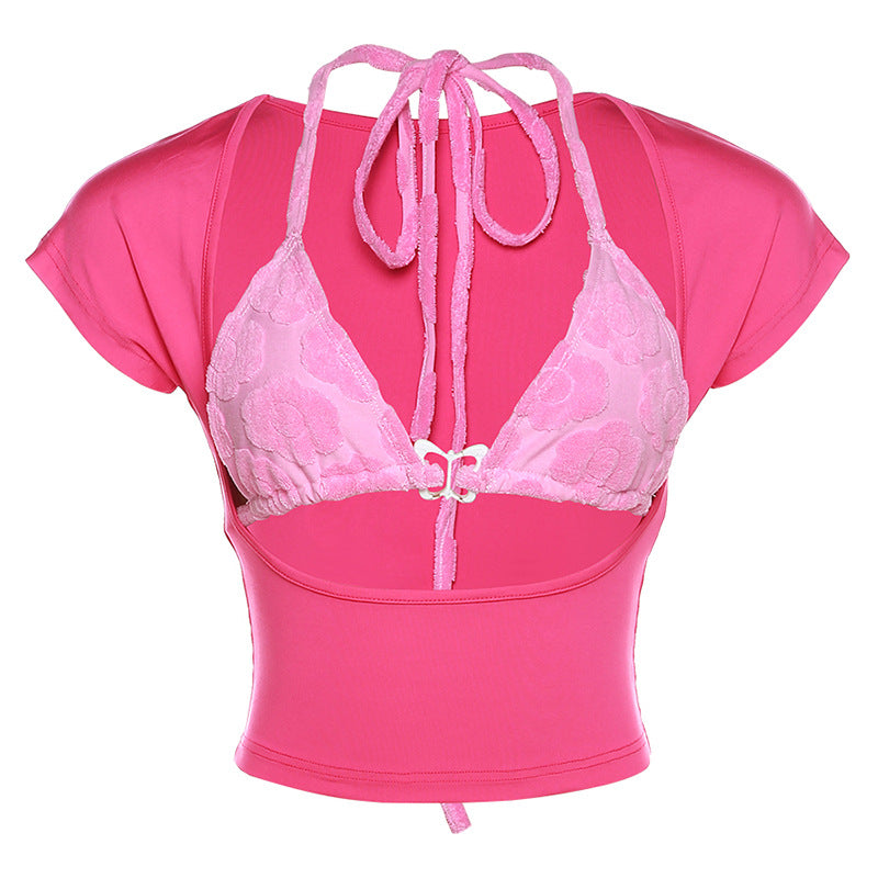 Dame Crop Top med leken akvarell-design og justerbar utringning Skjora