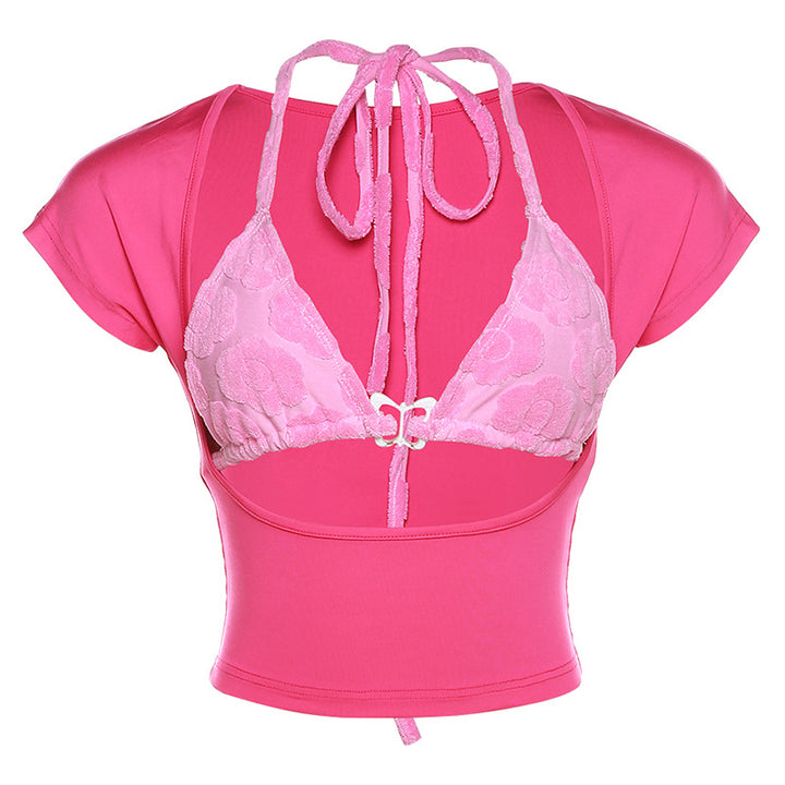 Dame Crop Top med leken akvarell-design og justerbar utringning Skjora