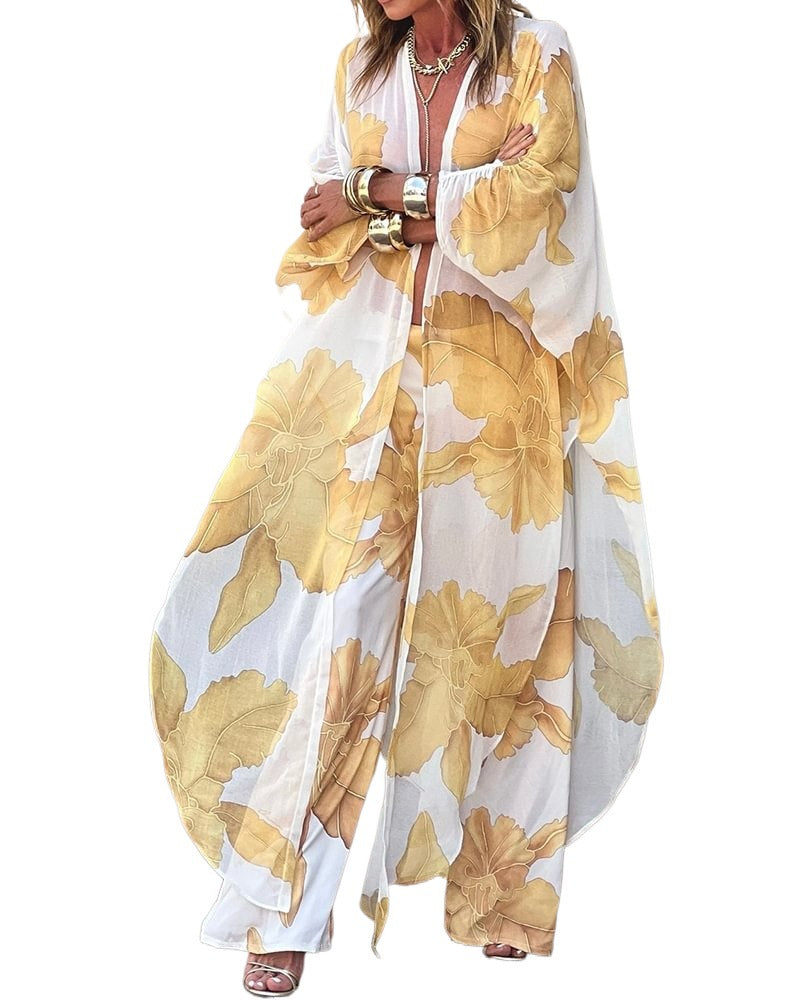 Kvinne Langermet Kimono med Blomster Mønstre og Strømmende Stoff Skjora
