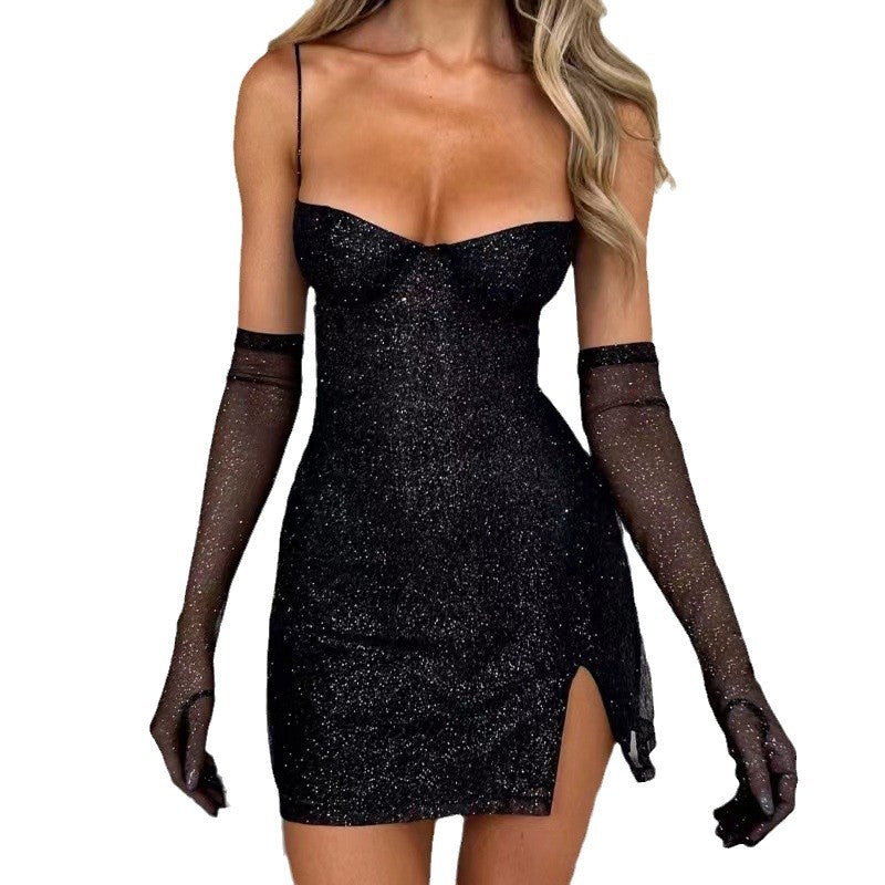 Kvinners Glamorous Mini Kjole med Glitrende Topp og Figursydd Silhuett Skjora