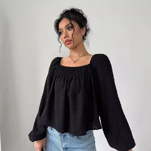 Damen elegant Bluse med luftige puffarmer og strukturert overflate Skjora