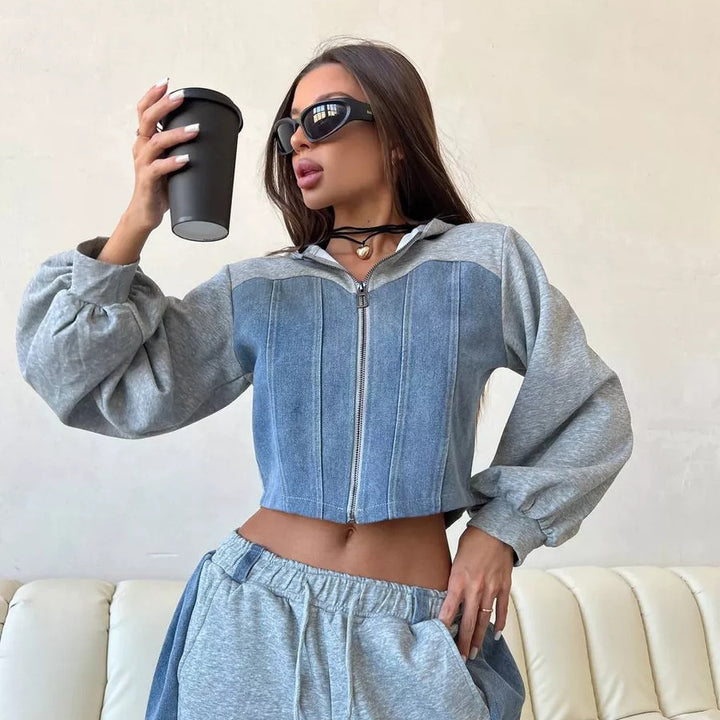 Kvinnens cropped sweatshirt jakke med ballongformede ermer og joggebukse sett Skjora