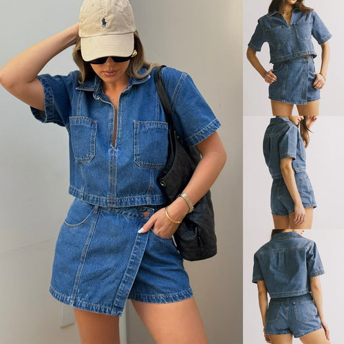 Dame uformell denim kort jakke-sett med matchende skjørt Skjora