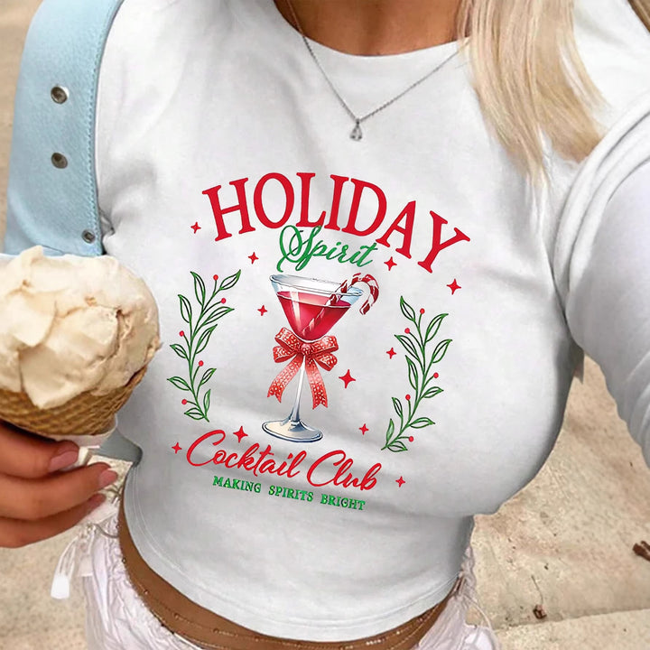 Dame Crop-Top med kreativ cocktailmotiv og festlig trykk Skjora
